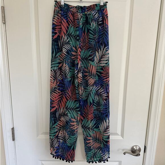 Tropical Leaf Print Boho Beach Lightweight Flowy Pants with Pom-Pom Trim Size S - Picture 5 of 11